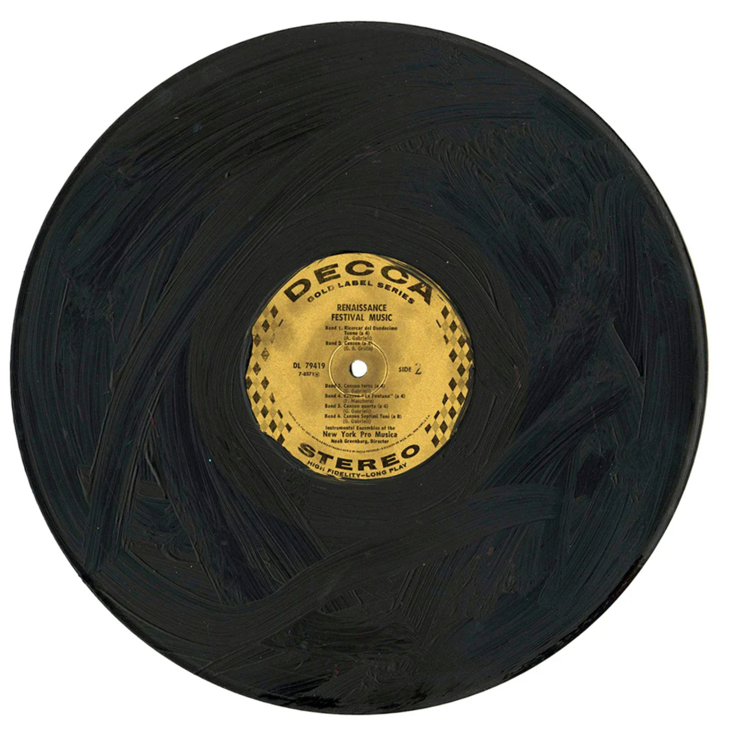 a vinyl record of renaissance music. The record has been painted all over in black paint except for the gold label at its center.