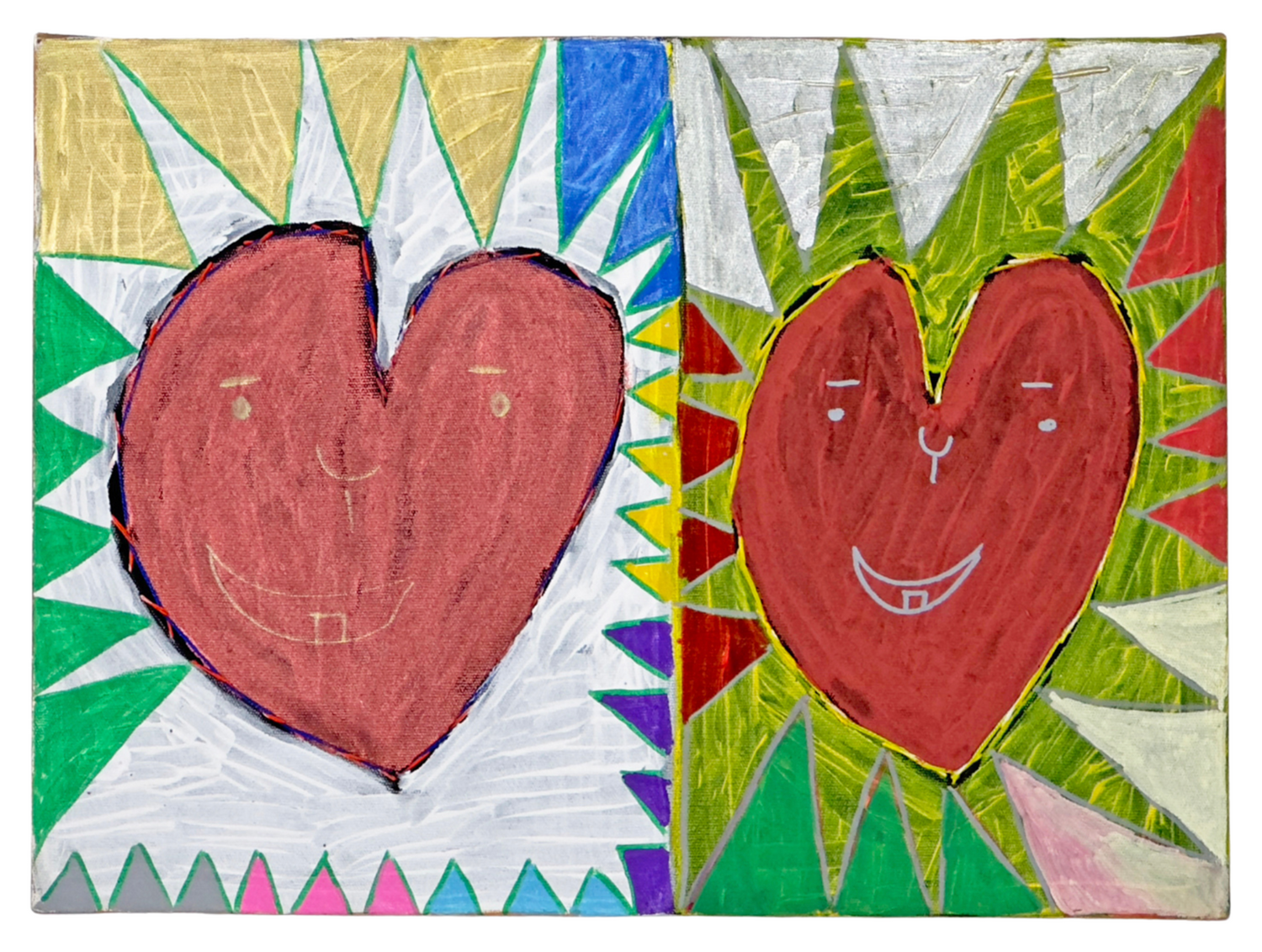 a painting of two red hearts with faces, arranged side by side. Each is embroidered with red or yellow thread.  The background is a field of brightly colored triangles that resembles stained glass. 