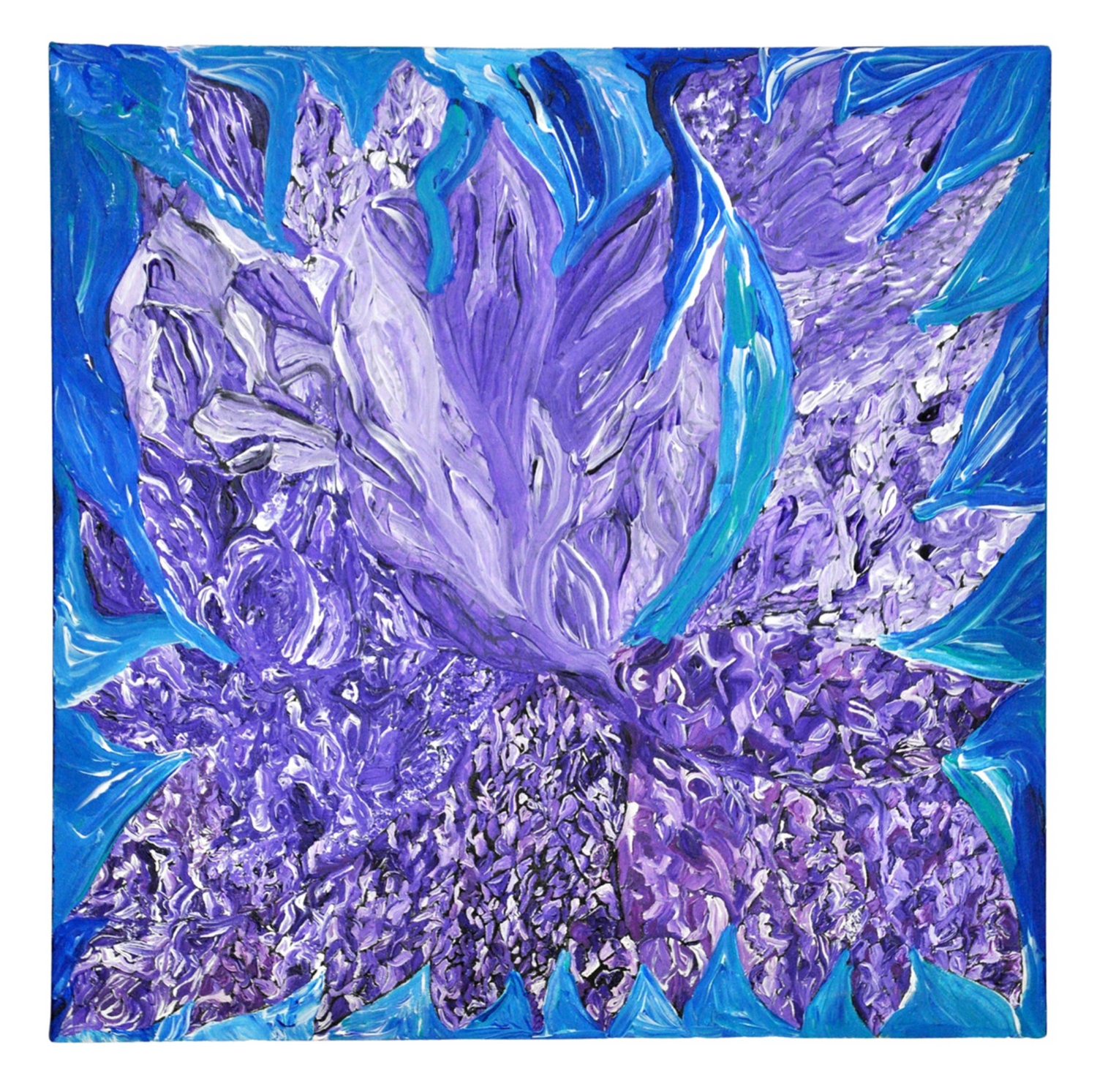 A painting of a large blooming purple flower on a blue backdrop. Many of the flower petals are painted with a thick stippled texture.