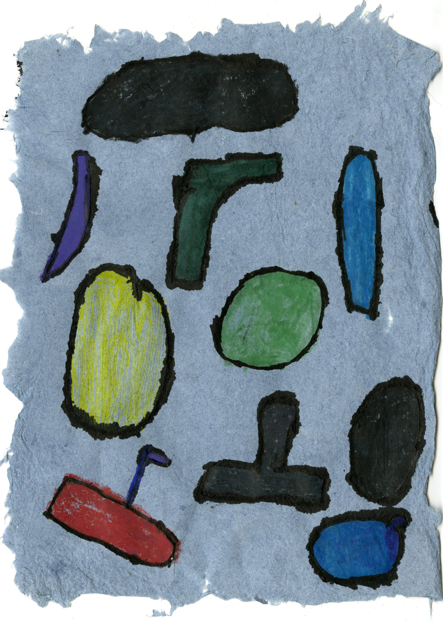 A collection of objects drawn on a roughly textured piece of pale blue handmade paper. The objects are simple - outlined in black and colored blue, yellow, gray, red, or purple - but evade identification. They are close, but not touching.