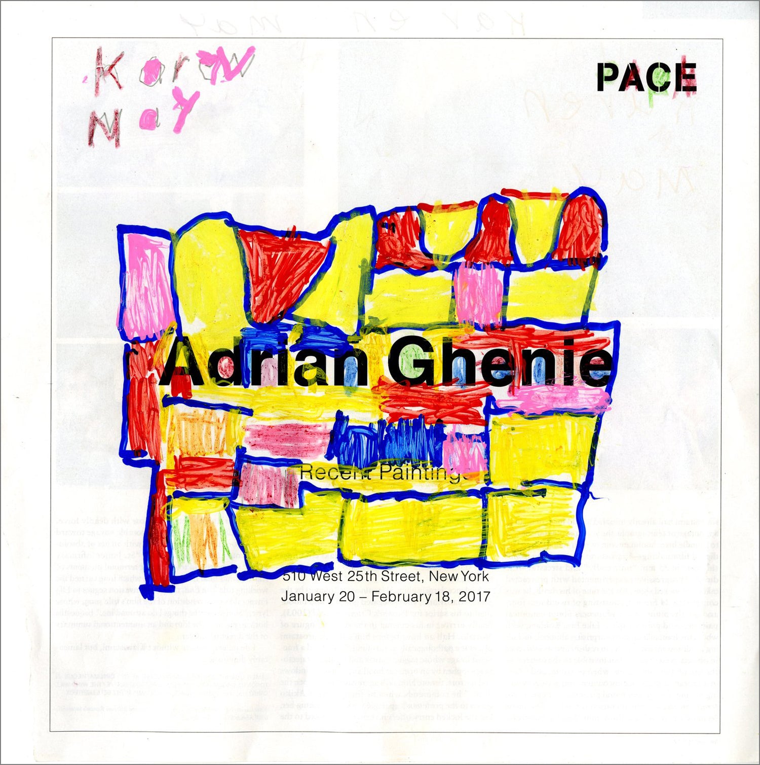 a drawing made with colorful markers on top of a magazine advertisement for Pace gallery. The artist has added a loose blue grid colored with yellow and red over the printed text, and signed "Karen May" in pink on the top left corner