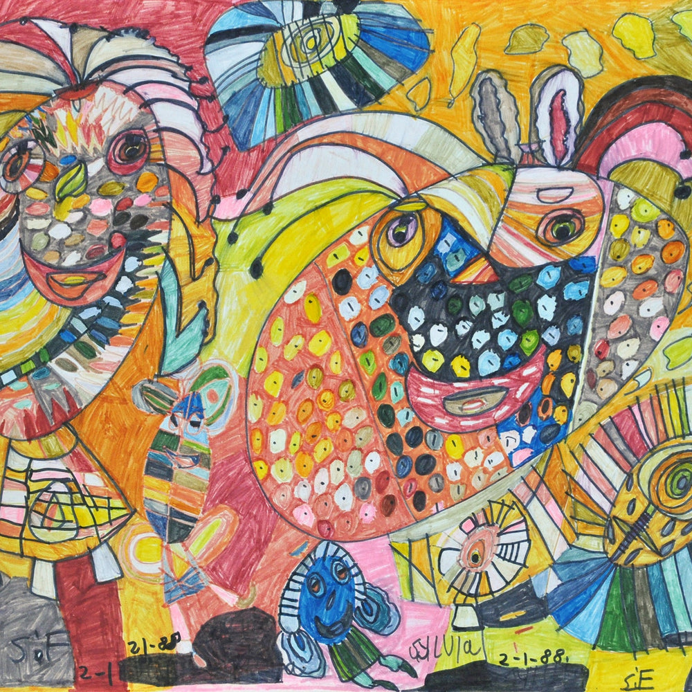 a colorful marker drawing on paper of two large smiling figures and striped flowers and circle shapes. the entire image is patterned with spots and stripes, colored mostly in red and orange tones.