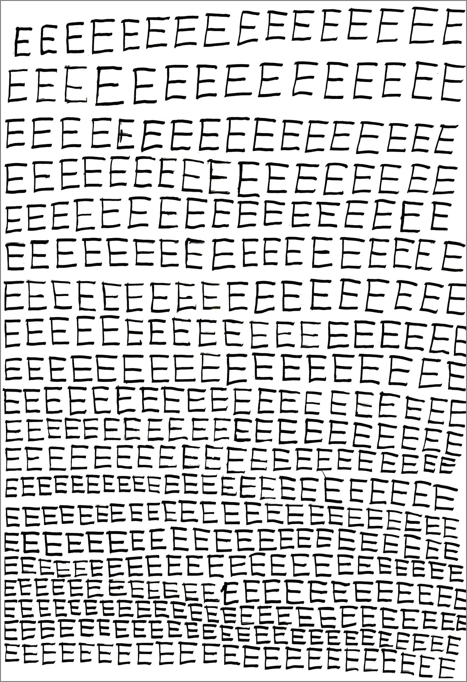 An ink drawing on paper. The artist has written the capital letter E in black ink, repeated in rows that fill the entire page.