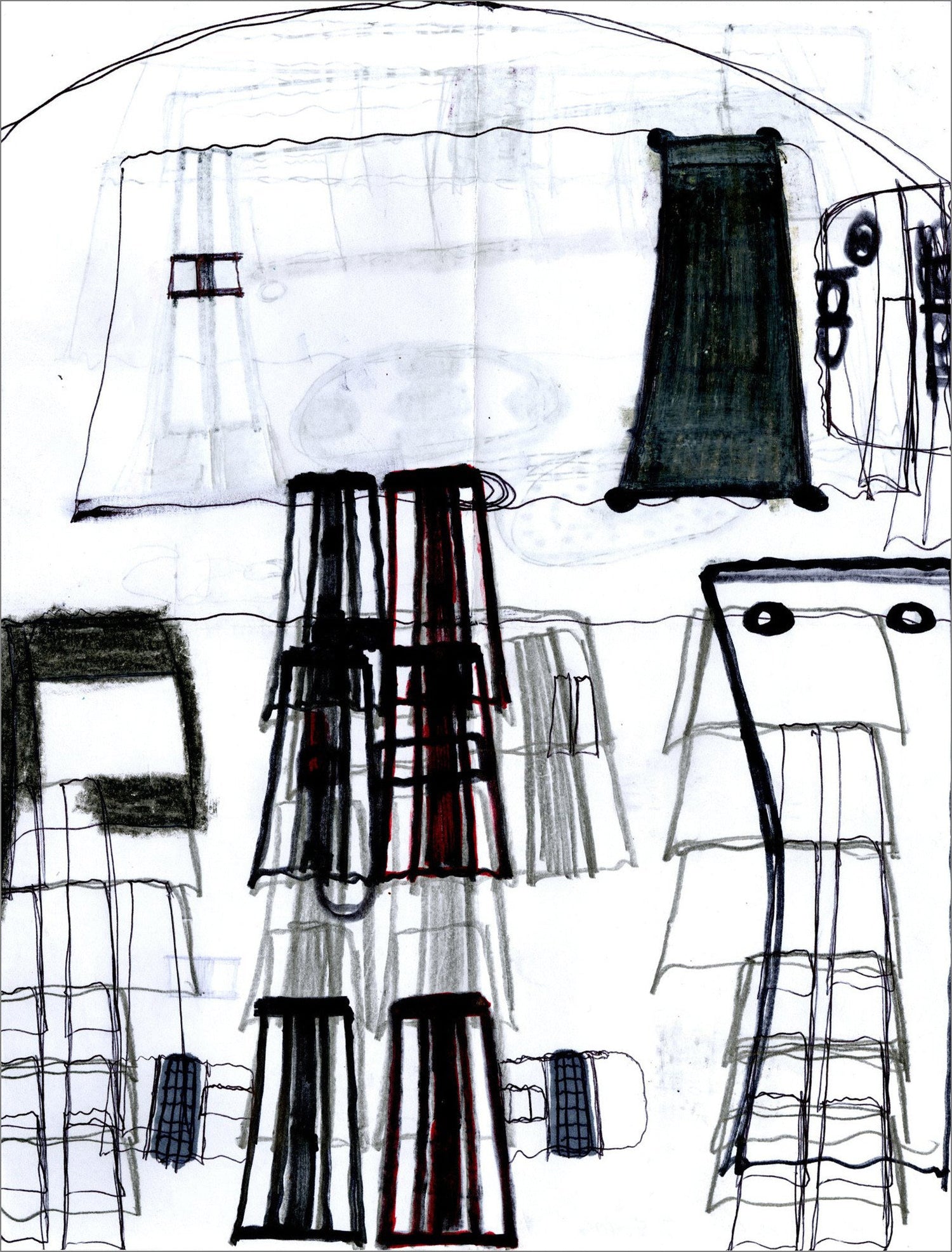 A pen and marker drawing done on both sides of white paper. The image represents the interior of a bus with rows of seats, window curtains, and a square windshield in top center. 