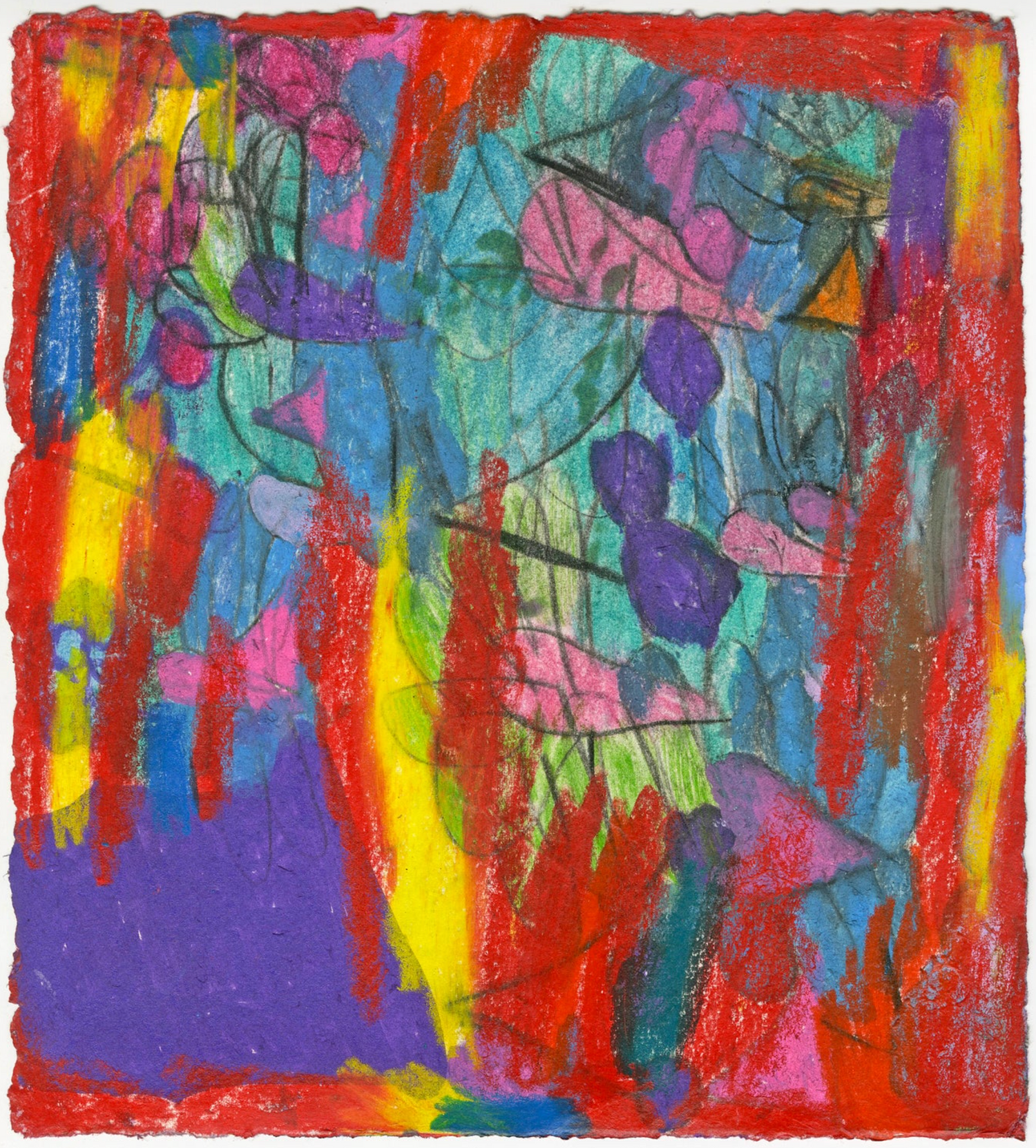 a colorful drawing on paper. The artist has covered the surface in vertical thick lines of pastel and pencil, using vibrant shades of red, blue, green, purple, and yellow. Under these layers, there are delicate shapes that look like flowers.