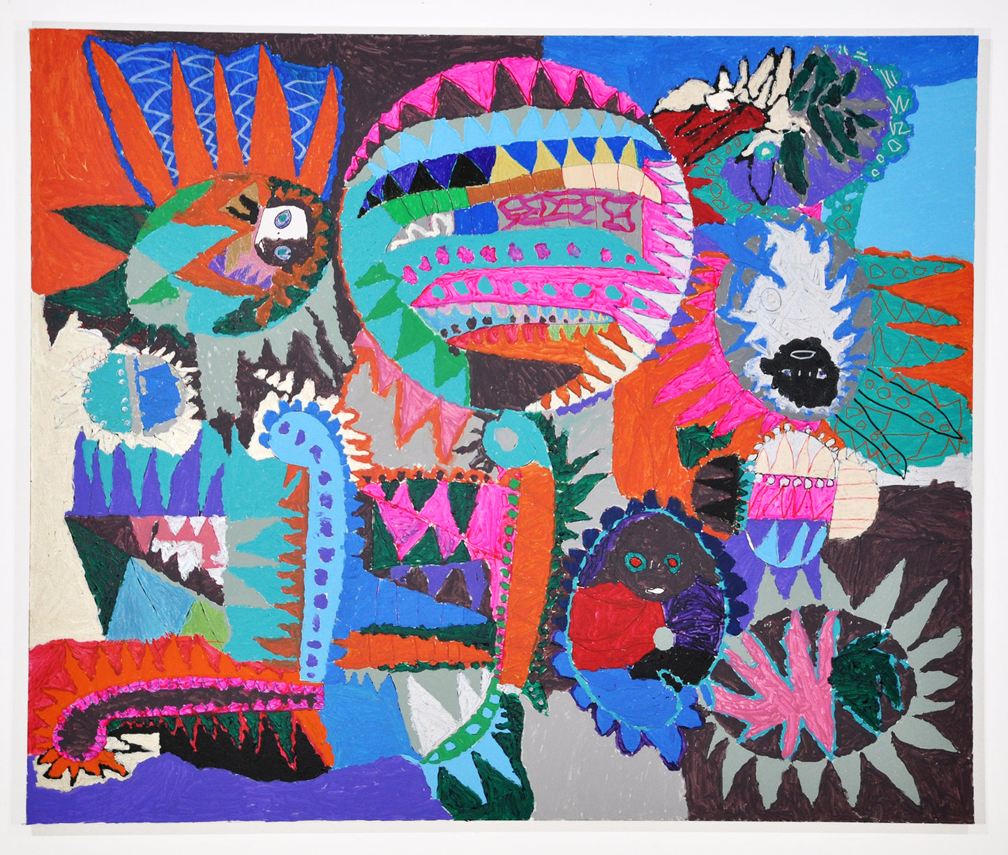 A painting with circles, jagged spike patterns, dots, and some small creature-like forms in vibrant colors of turquoise, ultramarine blue, hot pink, red, green, and black.