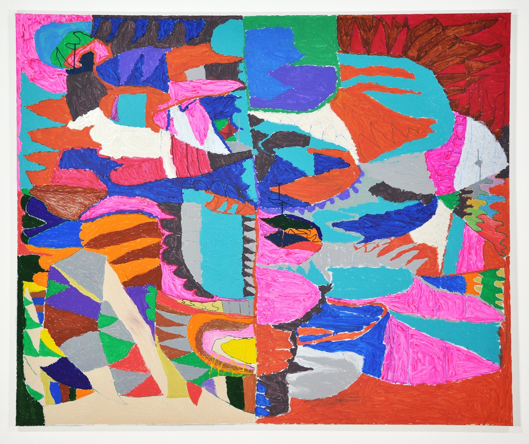 An abstract painting roughly divided in half vertically where the color palette and background differs from one side to the next. The painting has an array of large but tightly painted irregular forms that are in an array of beautiful colors including red, turquoise, white, hot pink, orange, brown, green, and cream. 