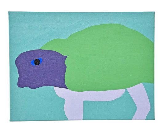 A painting on a small canvas. The paint is applied in a flat graphic style, and features a series of shapes fit together to look like a turtle. Each shape is painted one bright color with a solid uninterrupted border. The turtle is facing toward the left and has a purple head, blue eye, green shell, and lavender legs. The background is turquoise.