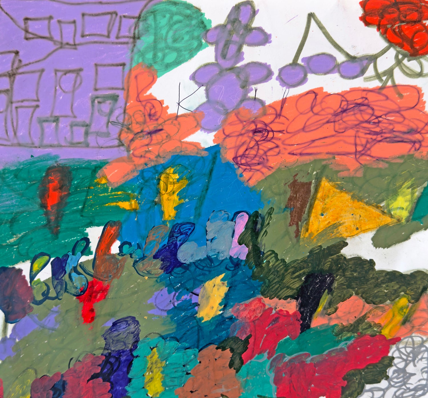 A scanned image of a colorful mixed-media drawing on white paper. There is a square purple house in the top left corner, and the rest of the surface is filled with floral motifs and swathes of bright color. The color is applied in gestural strokes to make it seem as though wind is blowing through the scene. Along the top edge of the drawing, there are round purple forms resembling cherries on a stem.