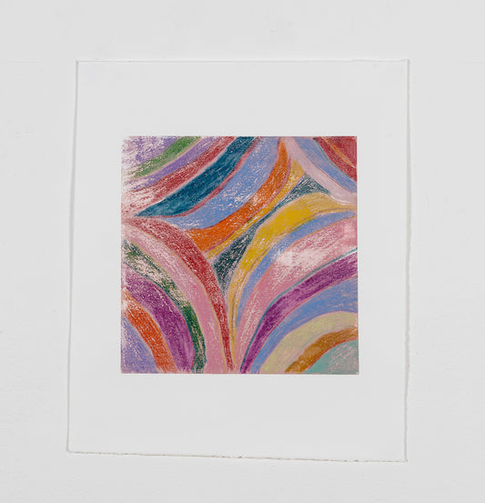 A monotype print of intersecting rainbow stripes. Each printed stripe maintains the texture of artist's delicate line work. The curved bars create a diamond in the middle of the image. The image is contained in a square printed on a larger piece of white paper.  