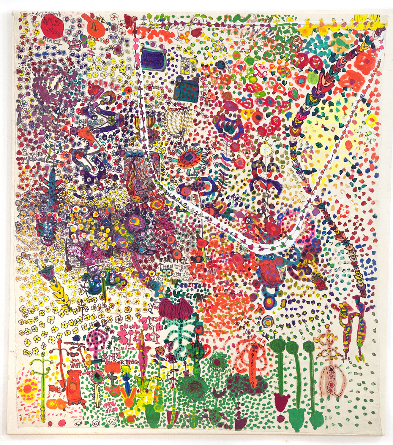 A mixed-media painting on a large un-stretched piece of canvas. The surface is covered with a dense pattern of delicately drawn designs. The designs include daisy chains looping around the edges and across the middle of fields of yellow flowers, green leaves, and dots stippled in every color of the rainbow. The background is the raw tan color of the canvas.