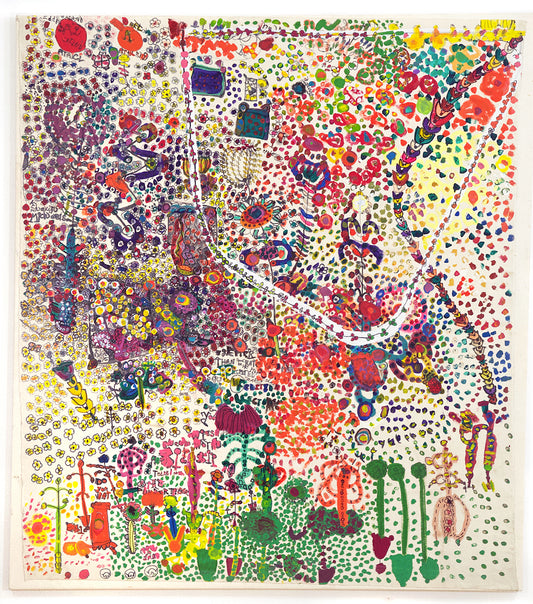 A mixed-media painting on a large un-stretched piece of canvas. The surface is covered with a dense pattern of delicately drawn designs. The designs include daisy chains looping around the edges and across the middle of fields of yellow flowers, green leaves, and dots stippled in every color of the rainbow. The background is the raw tan color of the canvas.