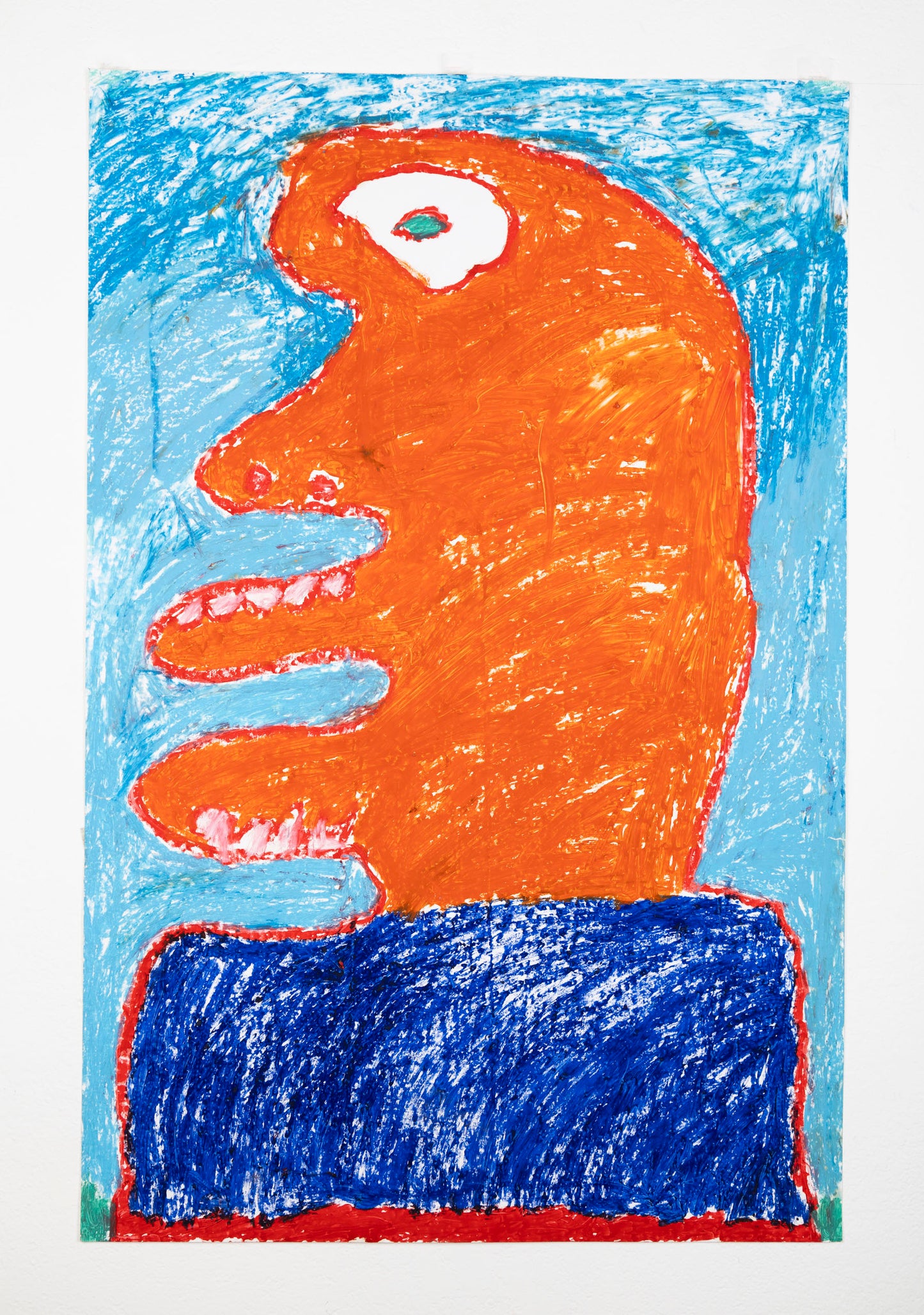 Abstract drawing of a face with an orange head and blue body on a light blue background