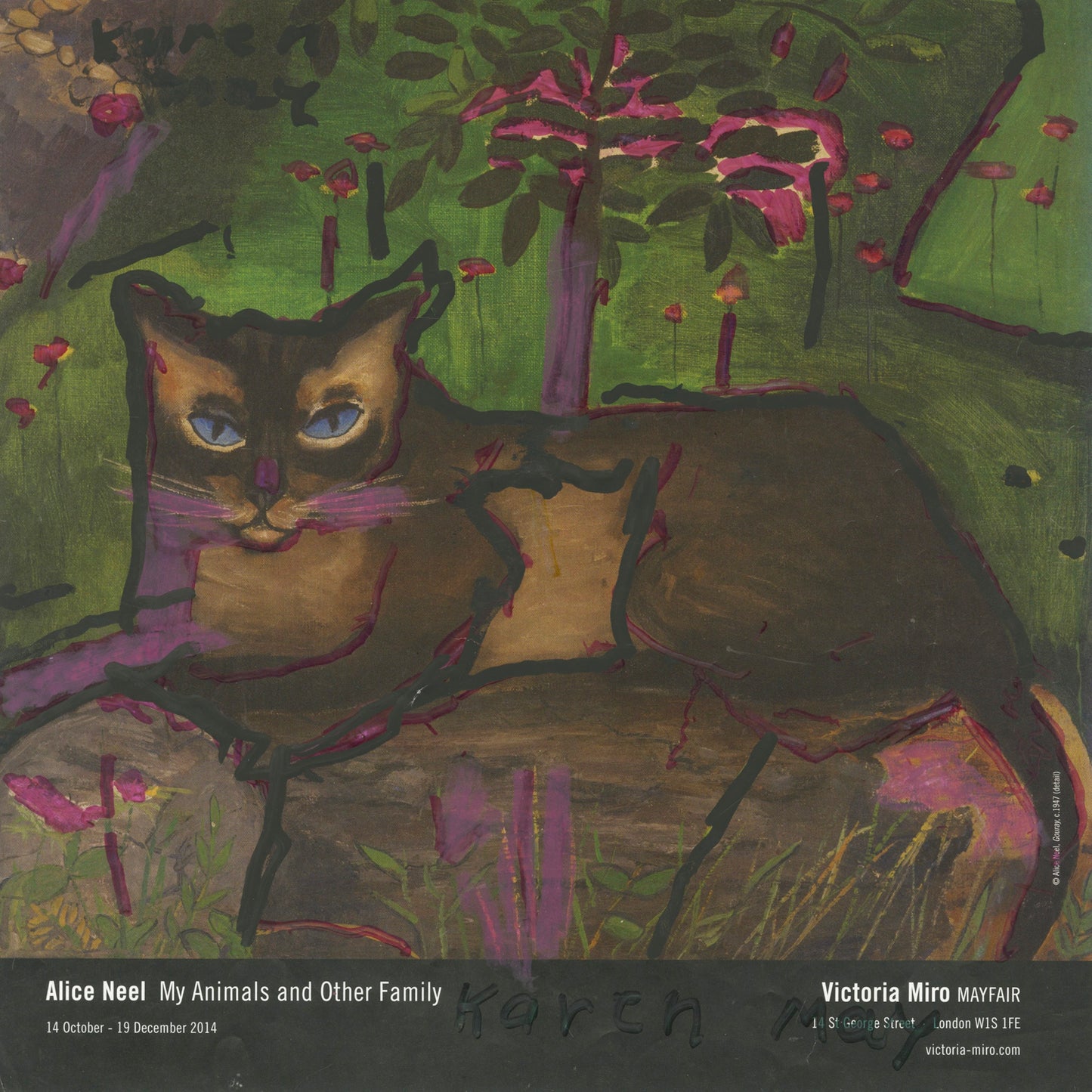 A magazine page featuring a painting of a brown cat with blue eyes, sitting in a garden with flowers and trees. The cat and some of the plant elements are outlined with pink and black marker. 