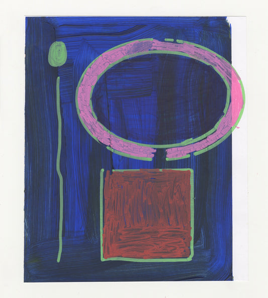 An abstract painting with a dark blue background that has visible brush strokes adding texture. A large pink oval circle with a green outline dominates the upper portion of the image. There is a vertical green line on the left side, topped with a small, rounded green shape. Below the circle is a reddish-brown rectangle bordered by the same green as the circle. The composition is minimal featuring a harmonic use of color and geometric shapes.
