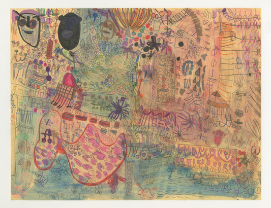 An abstract drawing filled with a variety of shapes, patterns, and figures in a pallet of earthy tones. In the top left corner, there are two large mask-like faces with exaggerated features, drawn in dark shades. The center of the image is densely packed with geometric patterns, including circles, squares, and lines, in various colors like blue, green, and pink. Scattered throughout the image are smaller drawings resembling animals, plants, and abstract symbols. 
