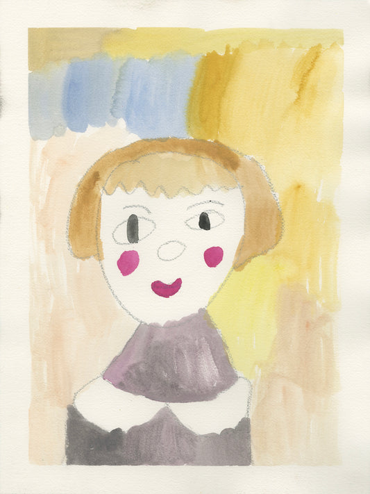 A watercolor painting depicting a stylized portrait of a person. The background features soft, blended strokes of blue, beige, and yellow, creating an abstract and calming backdrop. The central figure has a round face with short light brown hair. Two simple black oval shapes represent the eyes, and there are prominent pink circles for cheeks. The nose is a small, subtle dot, and the lips are painted in a matching shade of pink. The clothing is composed of muted purple and gray tones.