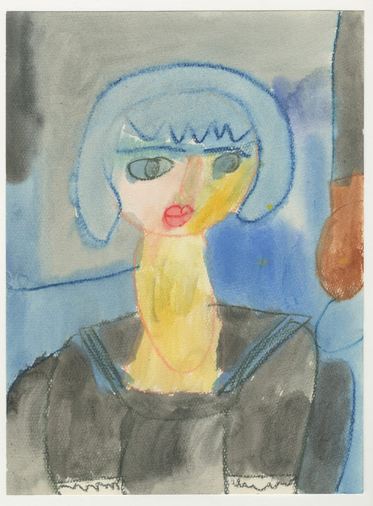 A watercolor painting of an abstract person with a minimal style. The figure has a light blue bob-shaped hairstyle, with large, exaggerated eyes outlined in dark blue and green. The face is a blend of pastel colors such as light pink and pale yellow, with bright red lips. The neck and part of the chest are painted in a soft yellow, transitioning into a dark grey or black garment resembling a shirt or dress with subtle texture details. The background consists of abstract washes of grey and blue.