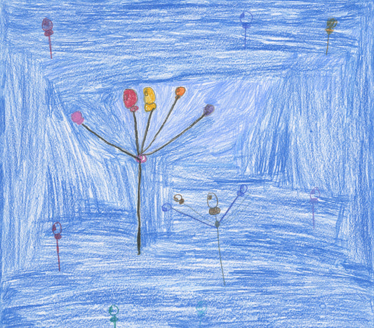 A drawing with a dominant blue crayon background, creating a textured, sky-like appearance. In the center, a tree-like structure with a thin black trunk extends multiple slender branches. Each branch is topped with a colorful circle representing a balloon or fruit, in shades of red, yellow, orange, purple, and pink. Surrounding the central tree are smaller, similar shapes with thin vertical lines as stems, scattered throughout the image. These shapes are topped with similarly colored circles.