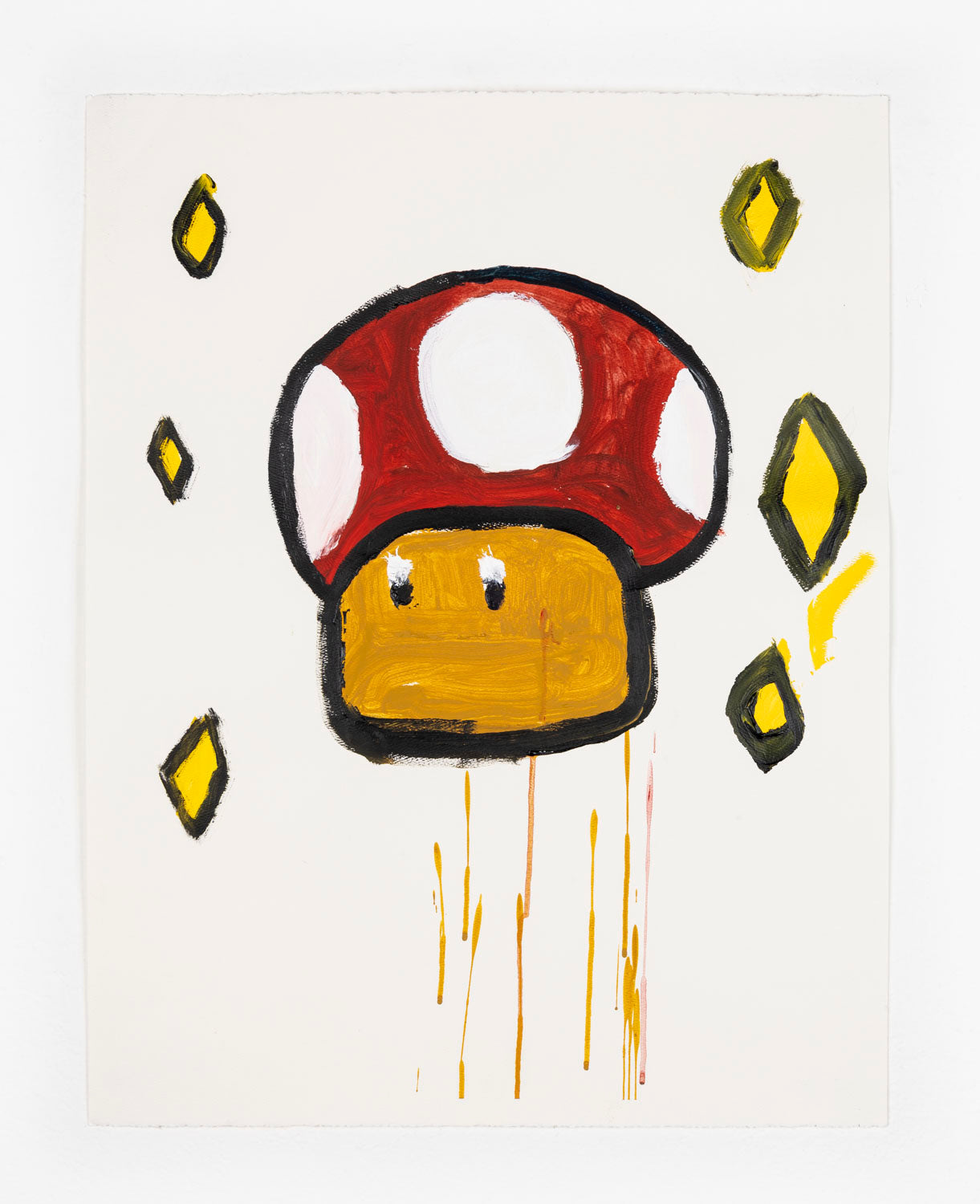 This drawing depicts a mushroom that is in the center of the piece. The mushroom has a red and white cap and a yellow body. The mushroom is also outlined in black, and personified through the addition of eyes. There are also yellow gems that are vertically in a line on either side of the mushroom, alongside yellow drip marks, all against a white background. 