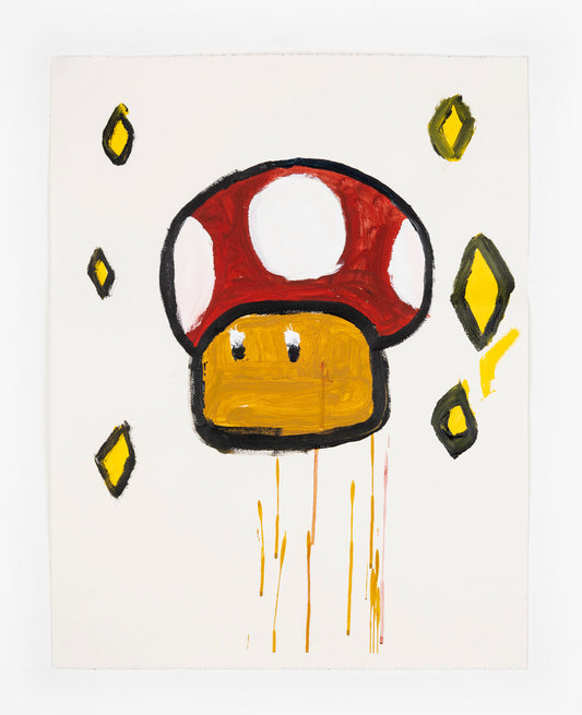 This drawing depicts a mushroom that is in the center of the piece. The mushroom has a red and white cap and a yellow body. The mushroom is also outlined in black, and personified through the addition of eyes. There are also yellow gems that are vertically in a line on either side of the mushroom, alongside yellow drip marks, all against a white background. 