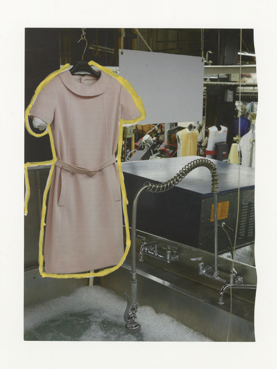 This mixed media piece contains an image of a dress that's hanging on the left. In the background there are an array of machines and appliances. The dress is boldly outlined in gold.