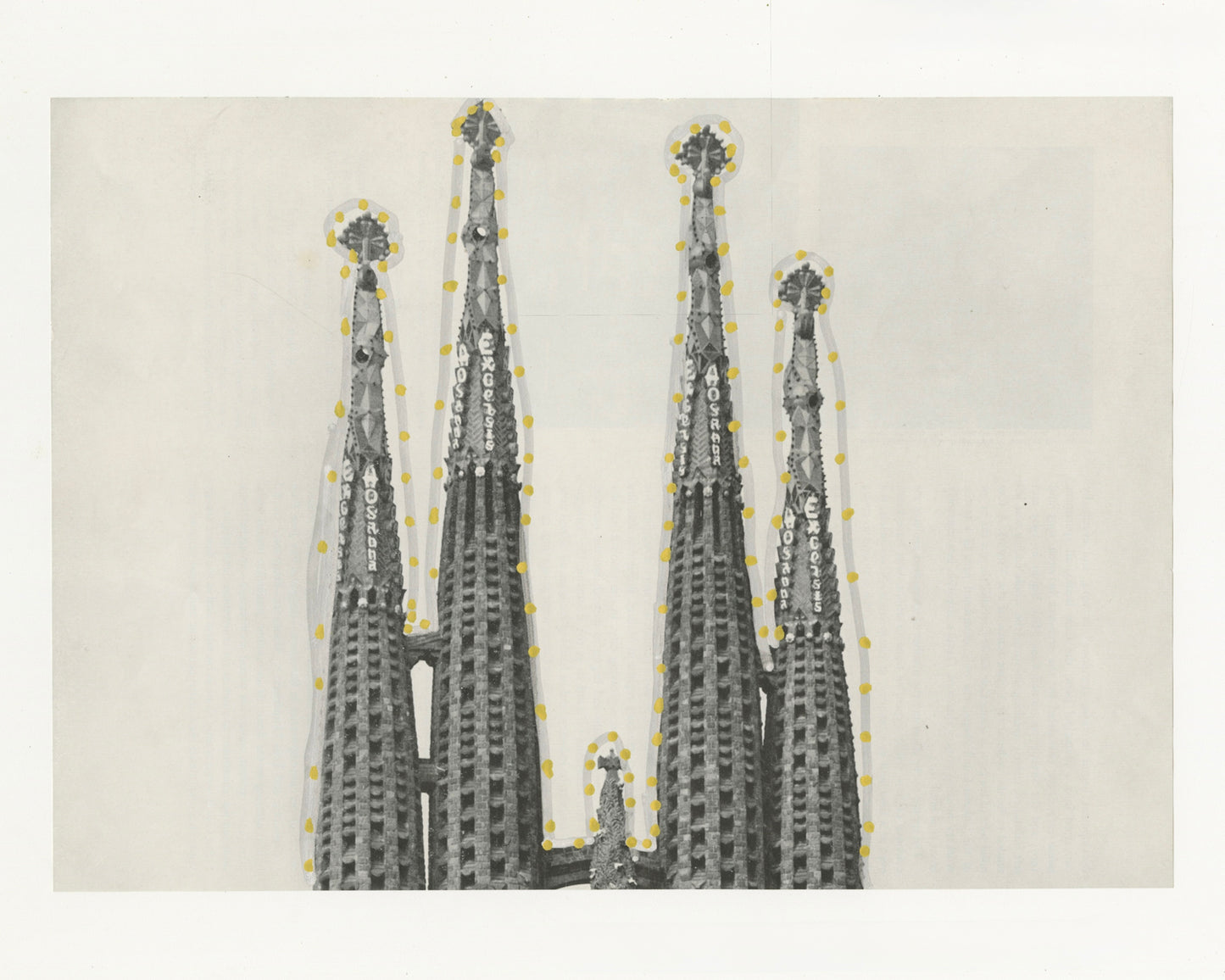 This mixed media piece contains an image of La Sagrada Familia There is a grey outline of the Bascilica alongside gold dots.
