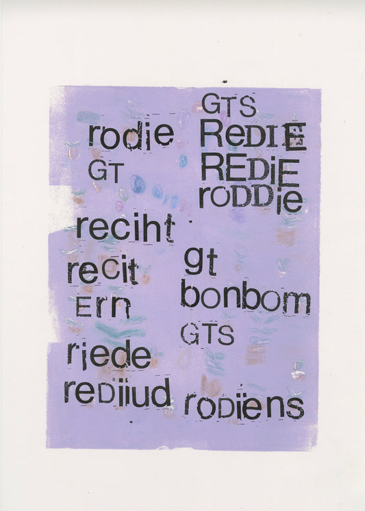 A mixed media print on white paper. The background is a square of pale lavender with the outlines of shapes on the surface. Printed onto the paper are letters to form names and sounds.