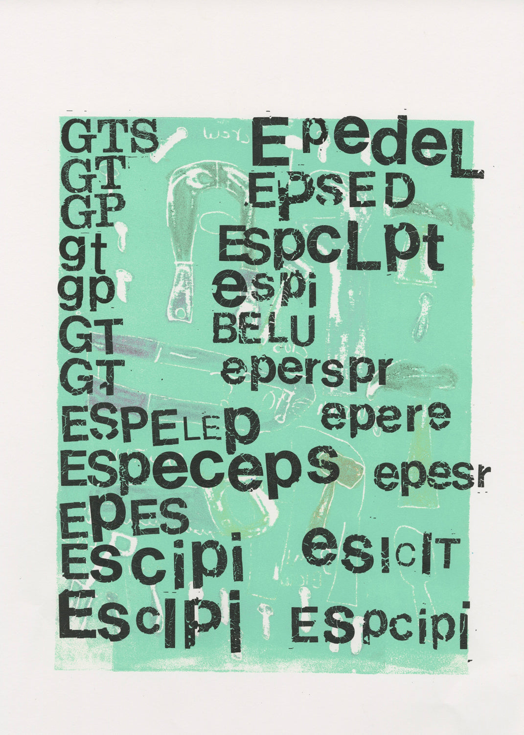 A mixed media print on white paper. The background is a square of pale sea-foam green with the outlines of hammers, wrenches, and other tools peppered across the surface. Printed on top of the this image are rows of stacked dark black letters. The letters were added to the image via a rubbing technique using Letraset pages.