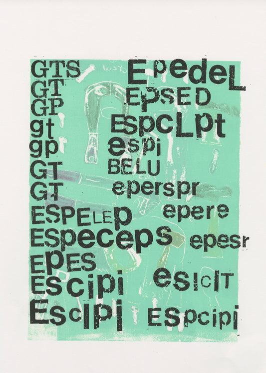 A mixed media print on white paper. The background is a square of pale sea-foam green with the outlines of hammers, wrenches, and other tools peppered across the surface. Printed on top of the this image are rows of stacked dark black letters. The letters were added to the image via a rubbing technique using Letraset pages.