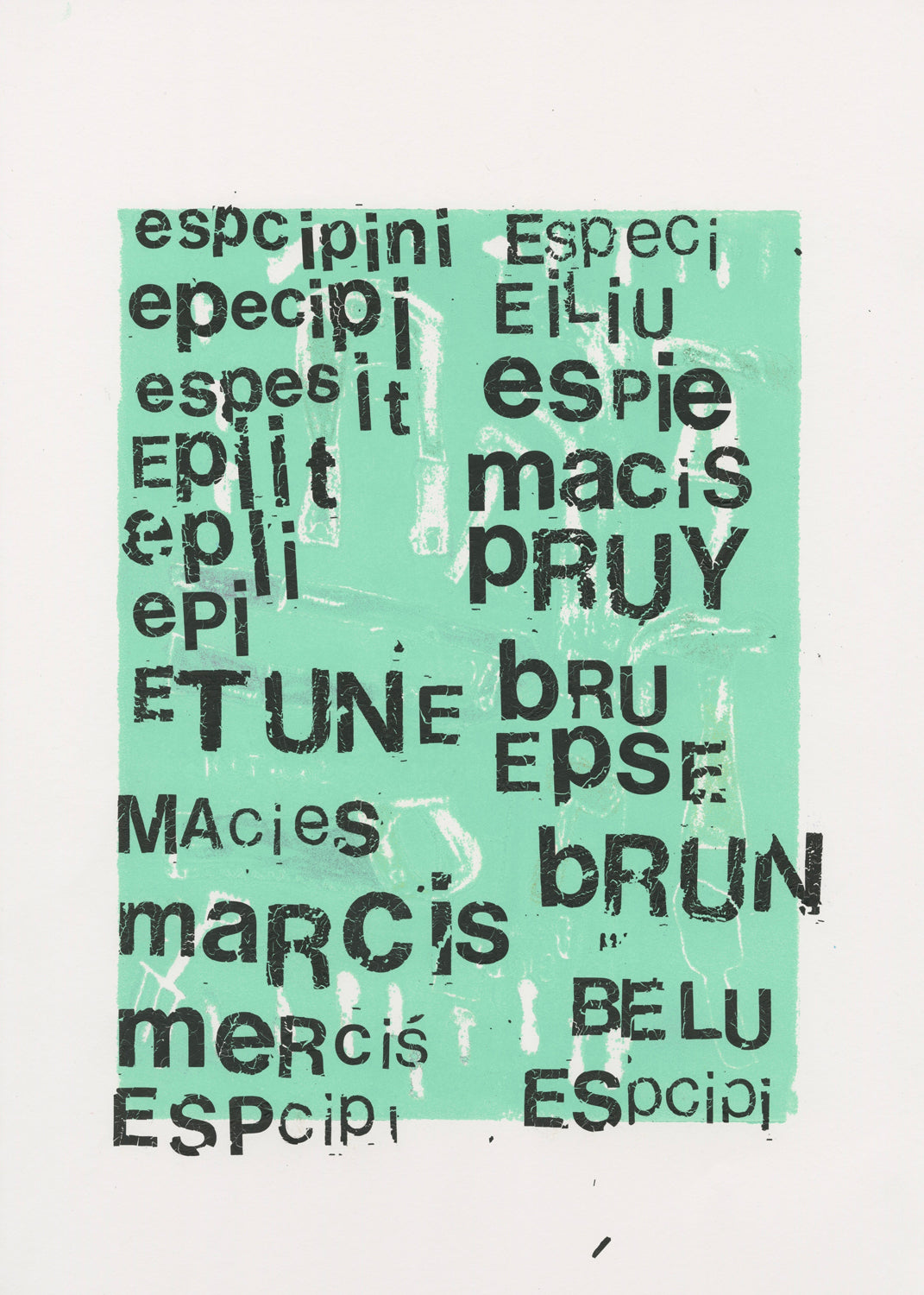 A mixed media print on white paper. The background is a square of pale sea-foam green with the outlines of hammers, wrenches, and other tools peppered across the surface. Printed on top of the this image are rows of stacked dark black letters. The letters were added to the image via a rubbing technique using Letraset pages.