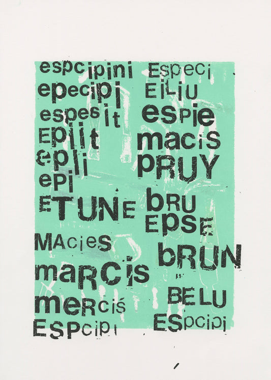 A mixed media print on white paper. The background is a square of pale sea-foam green with the outlines of hammers, wrenches, and other tools peppered across the surface. Printed on top of the this image are rows of stacked dark black letters. The letters were added to the image via a rubbing technique using Letraset pages.