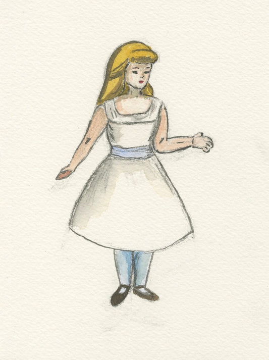 Watercolor drawing of a blonde doll-like person wearing a white dress with a blue belt against a white  background.
