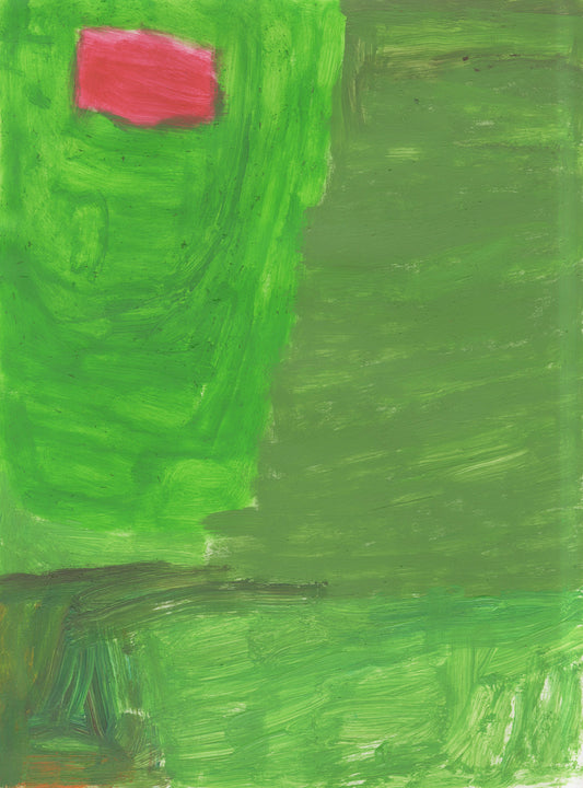 A painting on a tall rectangular sheet of paper. Most of the surface is painted in distinct shades of green. There is a small pink shape hovering in the top left corner. None of the colors overlap, and the direction of each thick brushstroke is evident as it bends around the border of an adjacent green or pink shape.