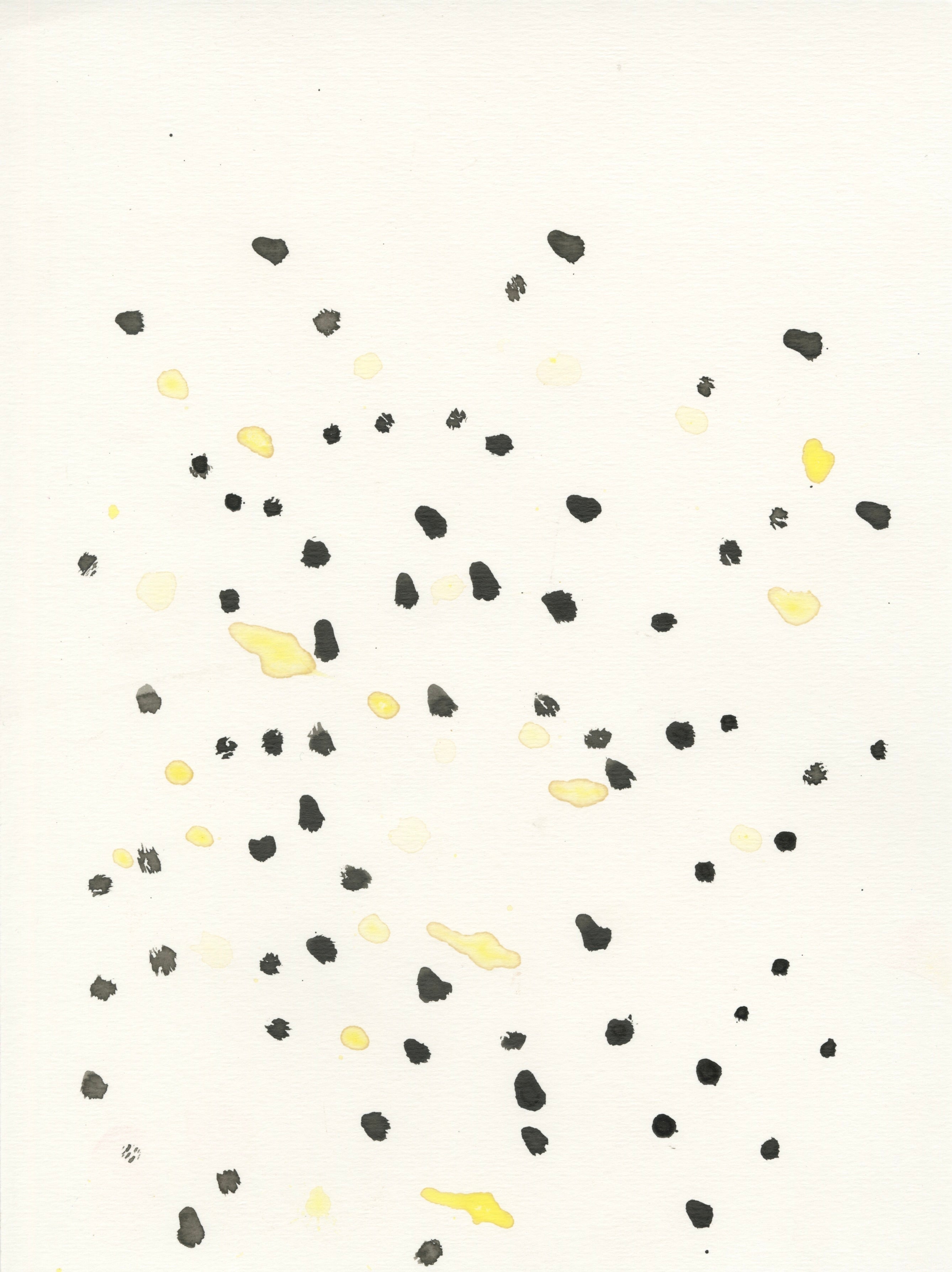 a pattern of dots painted on paper. the dots are black or yellow watercolor marks, and are arranged on the paper in a swirling pattern that radiates out toward the edges.