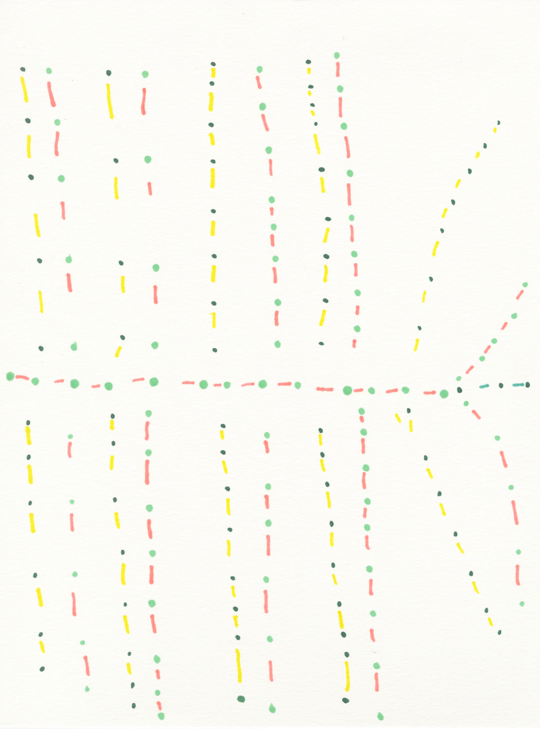 A marker drawing on white paper. The page is filled with dots and dashes drawn in yellow, green, and pink. There is a horizontal dashed line across the middle and vertical stacks of lines and dashes radiating out from it.