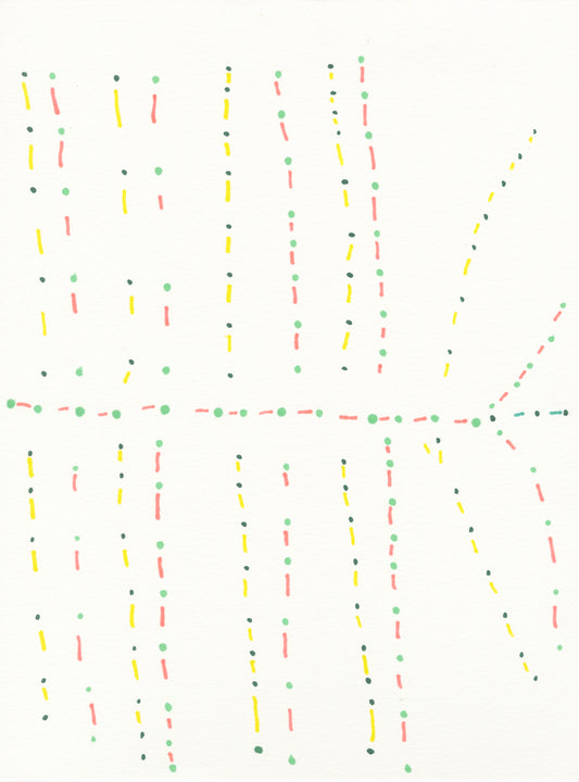 A marker drawing on white paper. The page is filled with dots and dashes drawn in yellow, green, and pink. There is a horizontal dashed line across the middle and vertical stacks of lines and dashes radiating out from it.