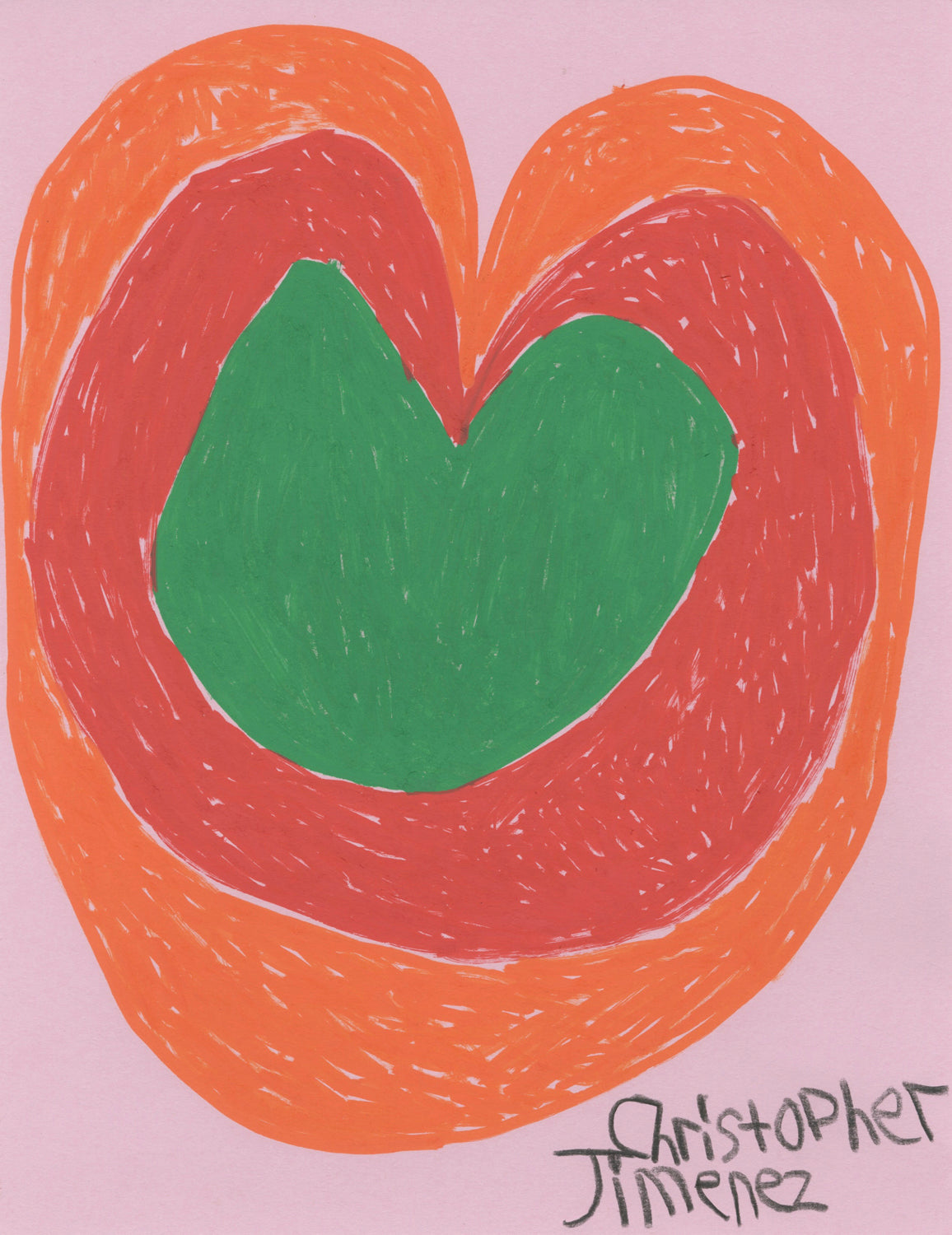 A green heart drawn in marker on pink paper. Around the green heart center is a red marker outline. Around the red outline is an orange marker outline that extend to the edge of the sides. In the lower right corner the artist's name, Christopher Jimenez. 