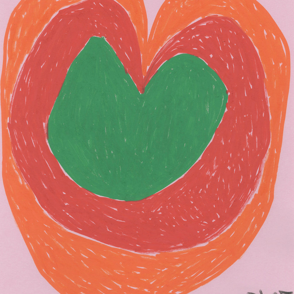 A green heart drawn in marker on pink paper. Around the green heart center is a red marker outline. Around the red outline is an orange marker outline that extend to the edge of the sides. In the lower right corner the artist's name, Christopher Jimenez. 