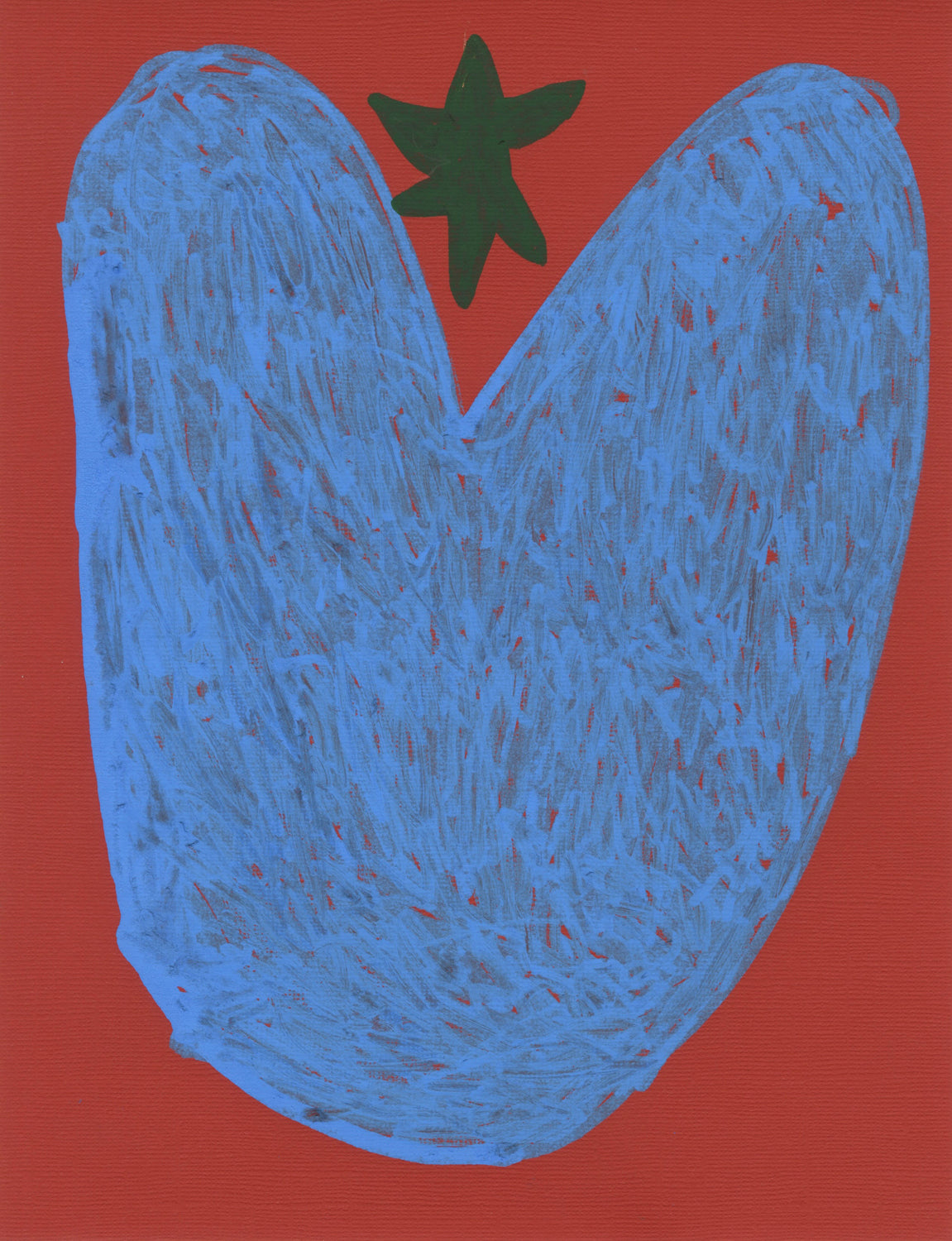 a marker drawing on red-toned paper. the image is a large light blue heart with a small green star floating above it.