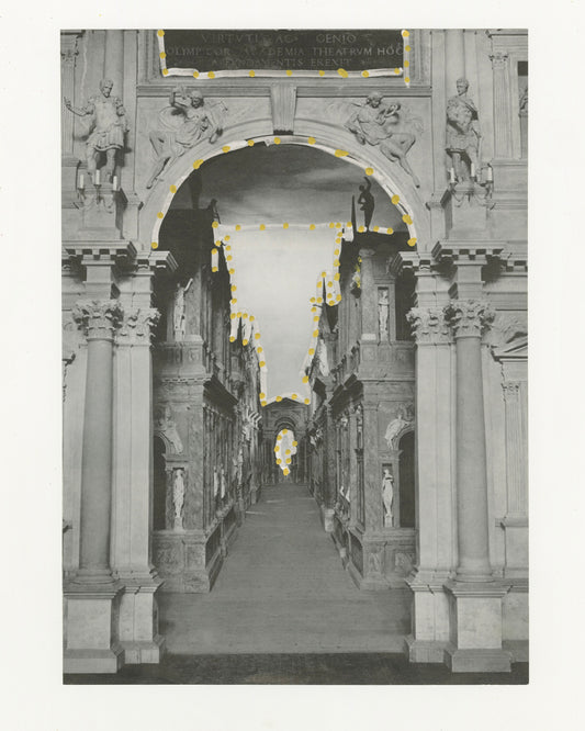 This mixed media piece incorporates gold and grey elements on a found magazine page. The magazine page contains a photograph of the Olympic Theater. The tops of the buildings, alongside the plaque at the top of the image is outline in grey, alongside gold dots.