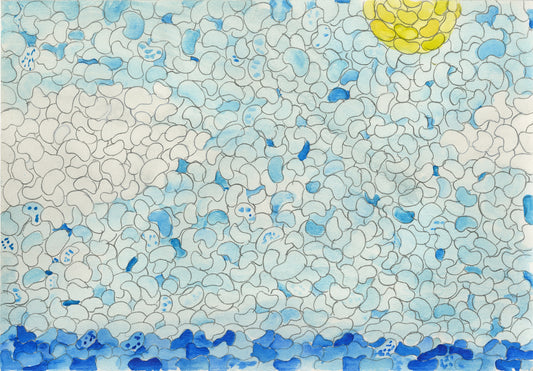 a pencil and watercolor drawing on paper, colored mostly in shades of blue with a yellow semi-circle on the top right corner. the surface of the paper is filled with outlines of small jelly bean shapes.