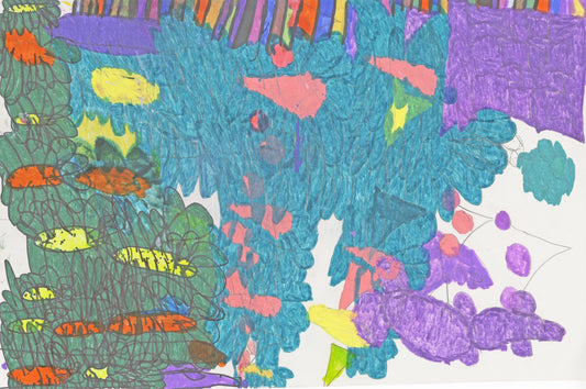 A colorful mixed-media drawing on white paper. The surface is filled with floral motifs, cherries, and swathes of bright green, blue, and purple color. The color is applied in gestural strokes to make it seem as though wind is blowing through the scene. Along the top edge of the drawing, there are vertical rainbow stripes.