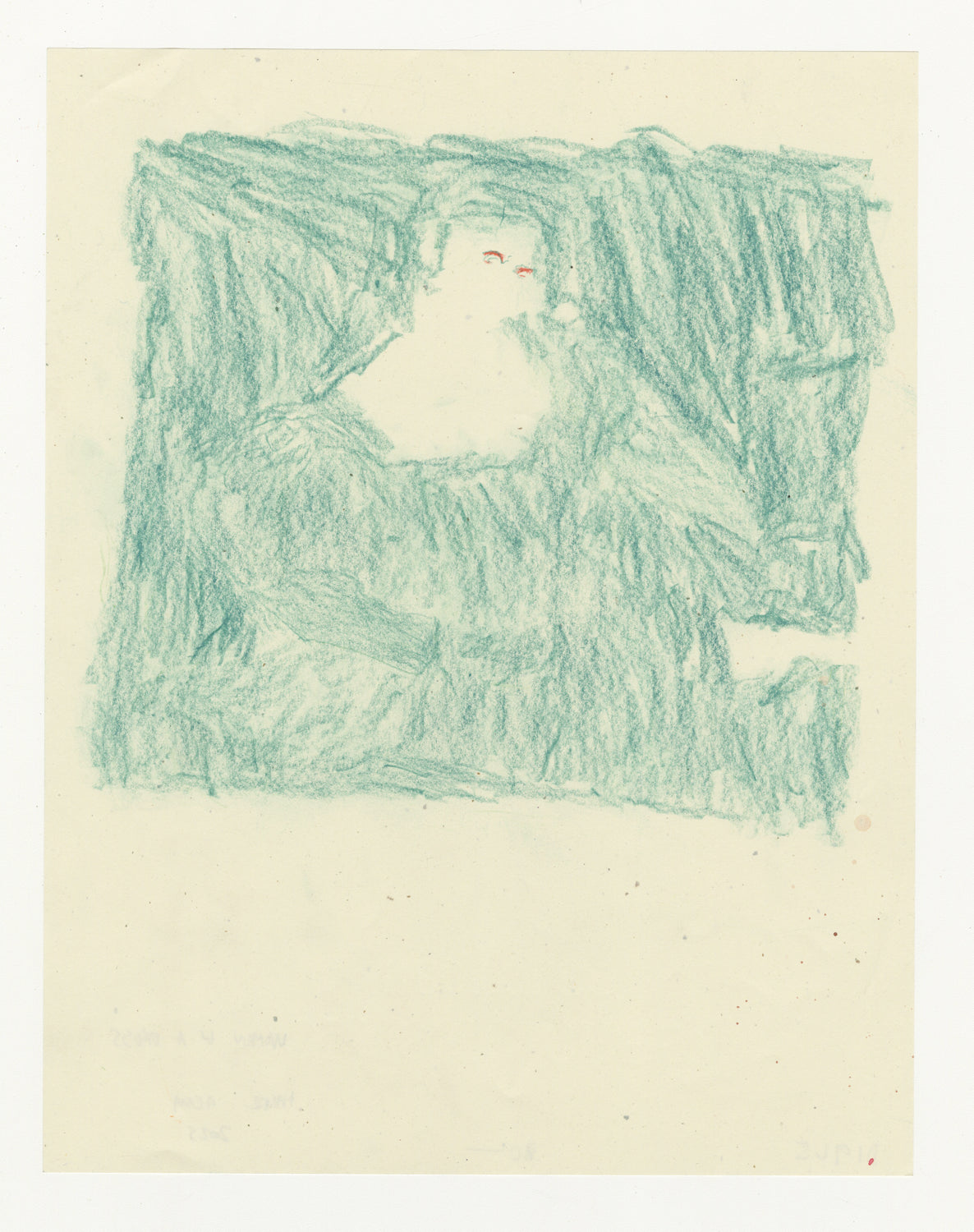 An abstract depiction of a woman in a dress. The drawing is predominantly green, except for the eyes of the woman drawn in red. 