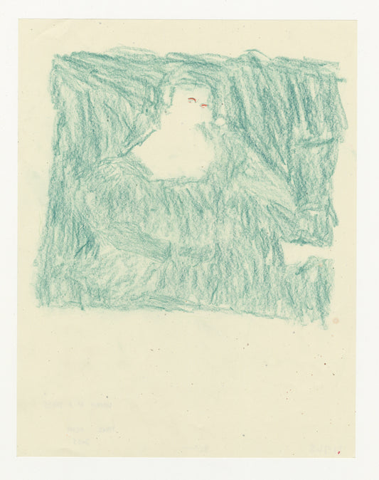 An abstract depiction of a woman in a dress. The drawing is predominantly green, except for the eyes of the woman drawn in red. 