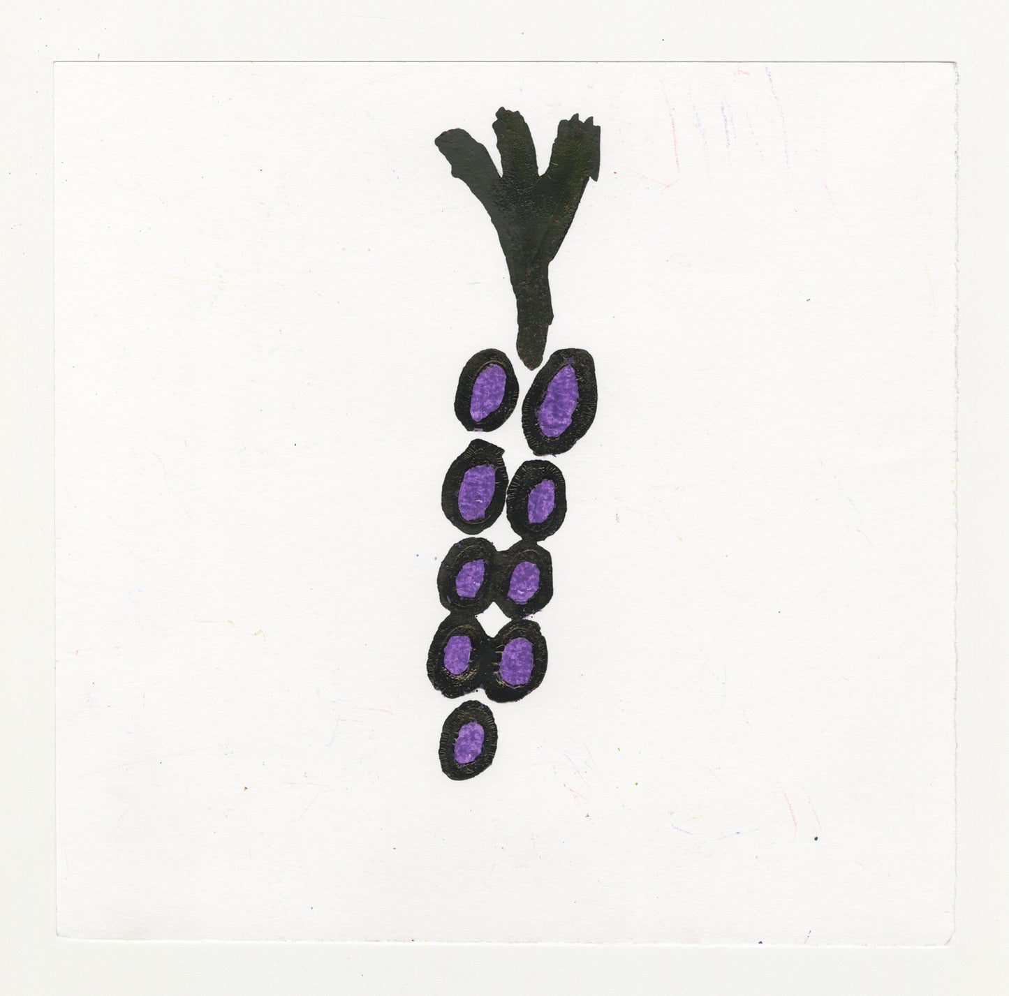 A drawing of a cluster of purple grapes detached from the stem against a white background. The grapes are organized in a formation that mimics a group of grapes that are still attached to the stem.