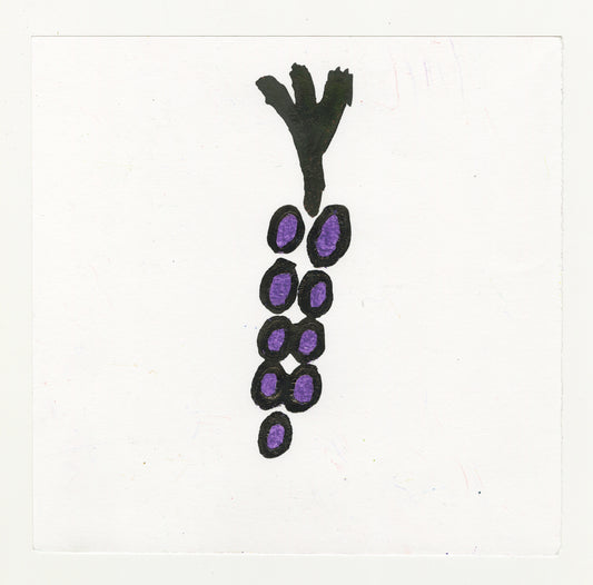 A drawing of a cluster of purple grapes detached from the stem against a white background. The grapes are organized in a formation that mimics a group of grapes that are still attached to the stem.