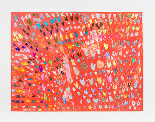 An abstract drawing filled with a vibrant array of colors and patterns. The background is primarily red, with numerous colorful brushstrokes scattered across the page. These strokes are in various shapes resembling small dabs, hearts or petal-like forms in colors such as blue, yellow, pink, orange, green, and purple.