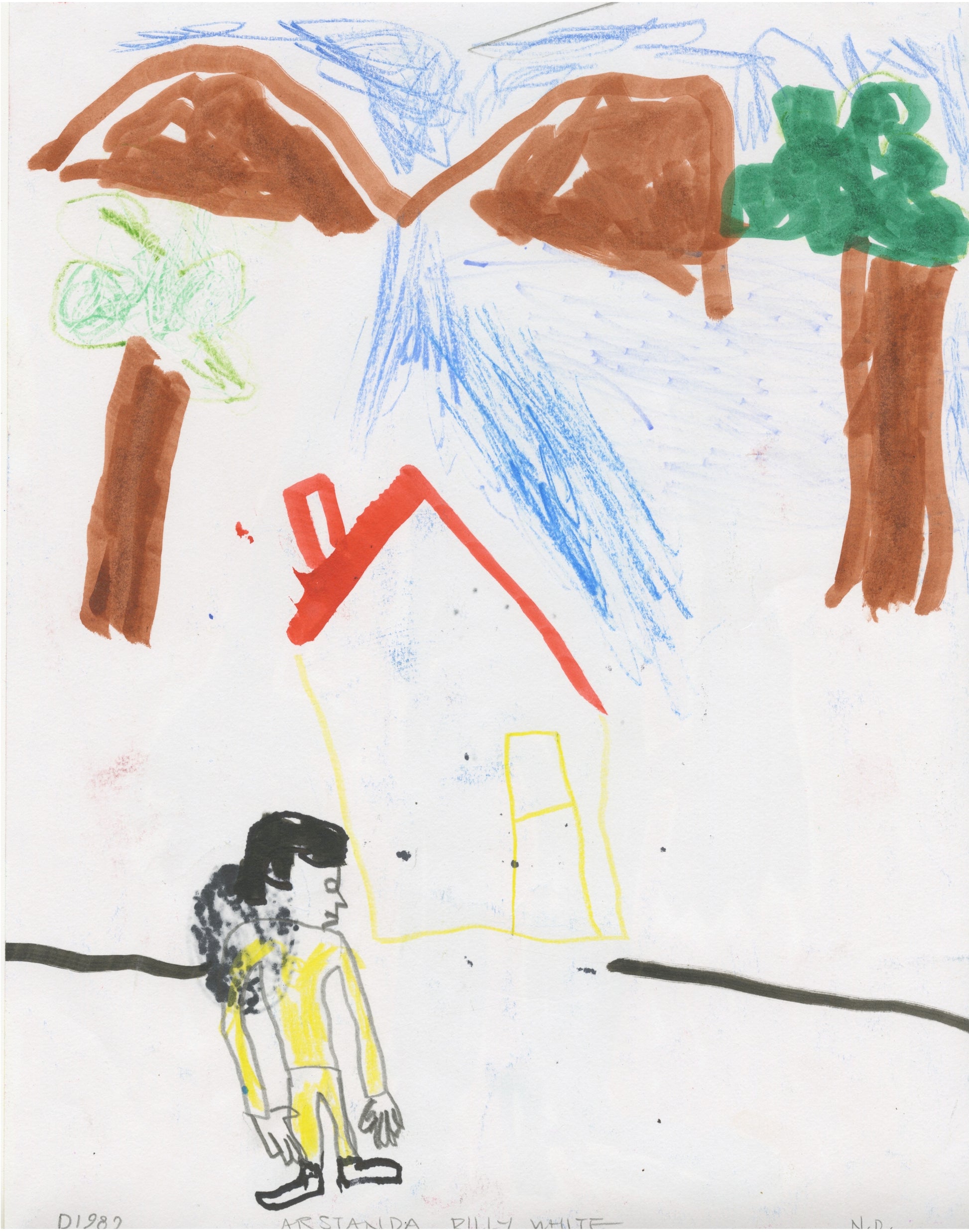 This drawing depicts a figure standing in front of a house. The figure is outlined in graphite and are wearing a yellow shirt and yellow pants. The house is also outlined in yellow, with a red roof. In the background, there are trees and mountains, all against a white background.