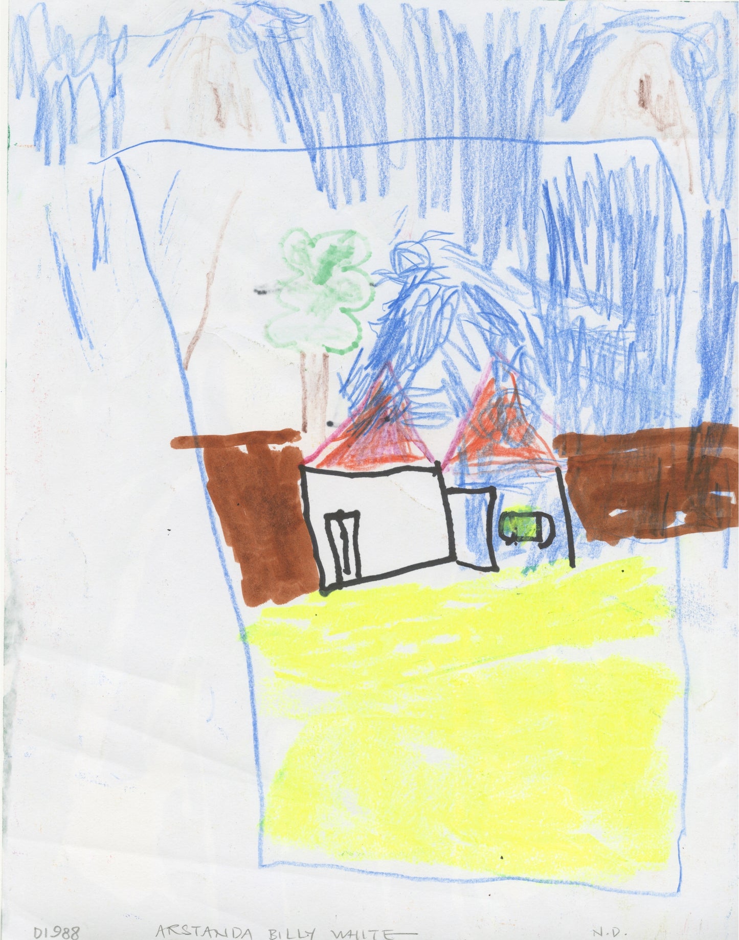This landscape drawing depicts two houses side by side, the houses have red roofs and there are trees in the background. This scene is outlined by a blue box, the foreground being a bright yellow that contrasts the white background. The background of the scene exceeds the box, extending to the top of the paper. 